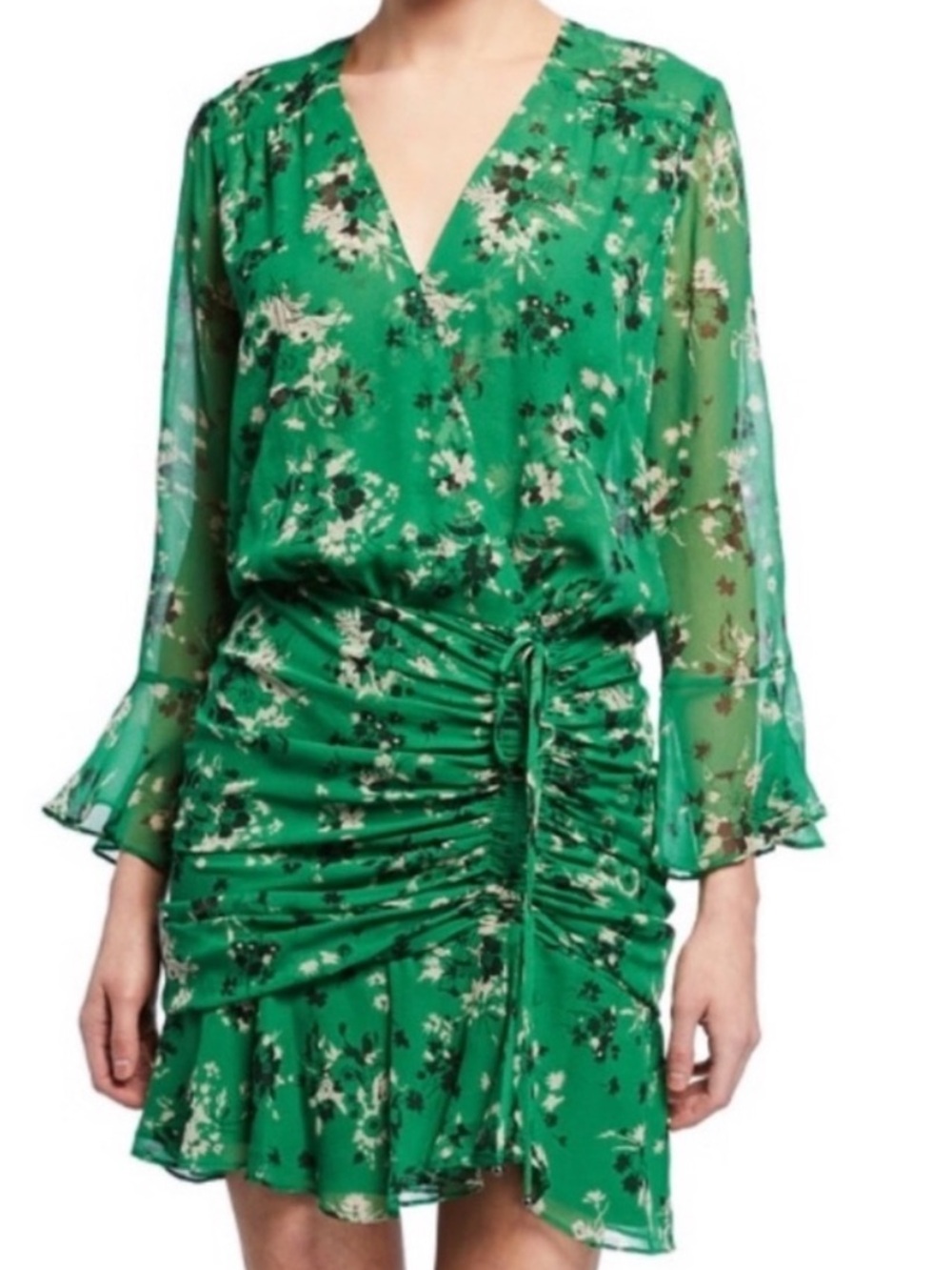 Veronica Beard Sean Silk Floral Ruched Mini Dress Green (Est 8/10)